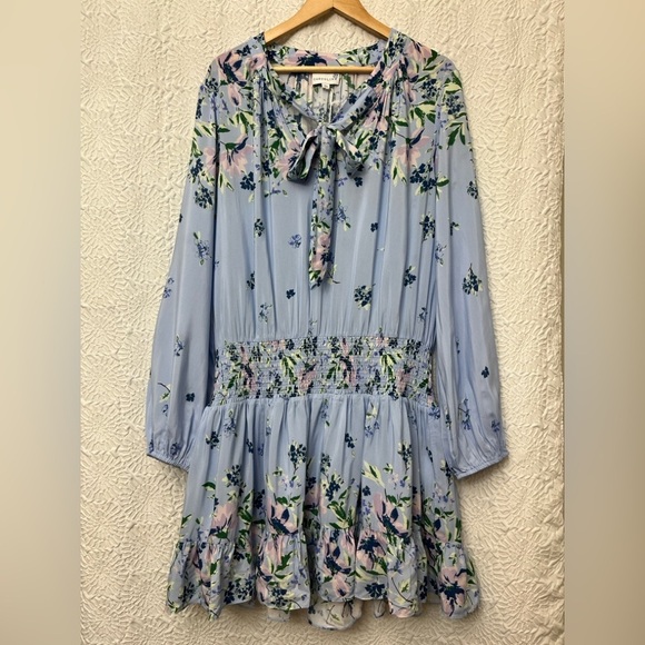Cartolina Emelia Mini Dress Size XL Light Blue Floral Ruffle Smocked Waist NWT - Picture 2 of 16